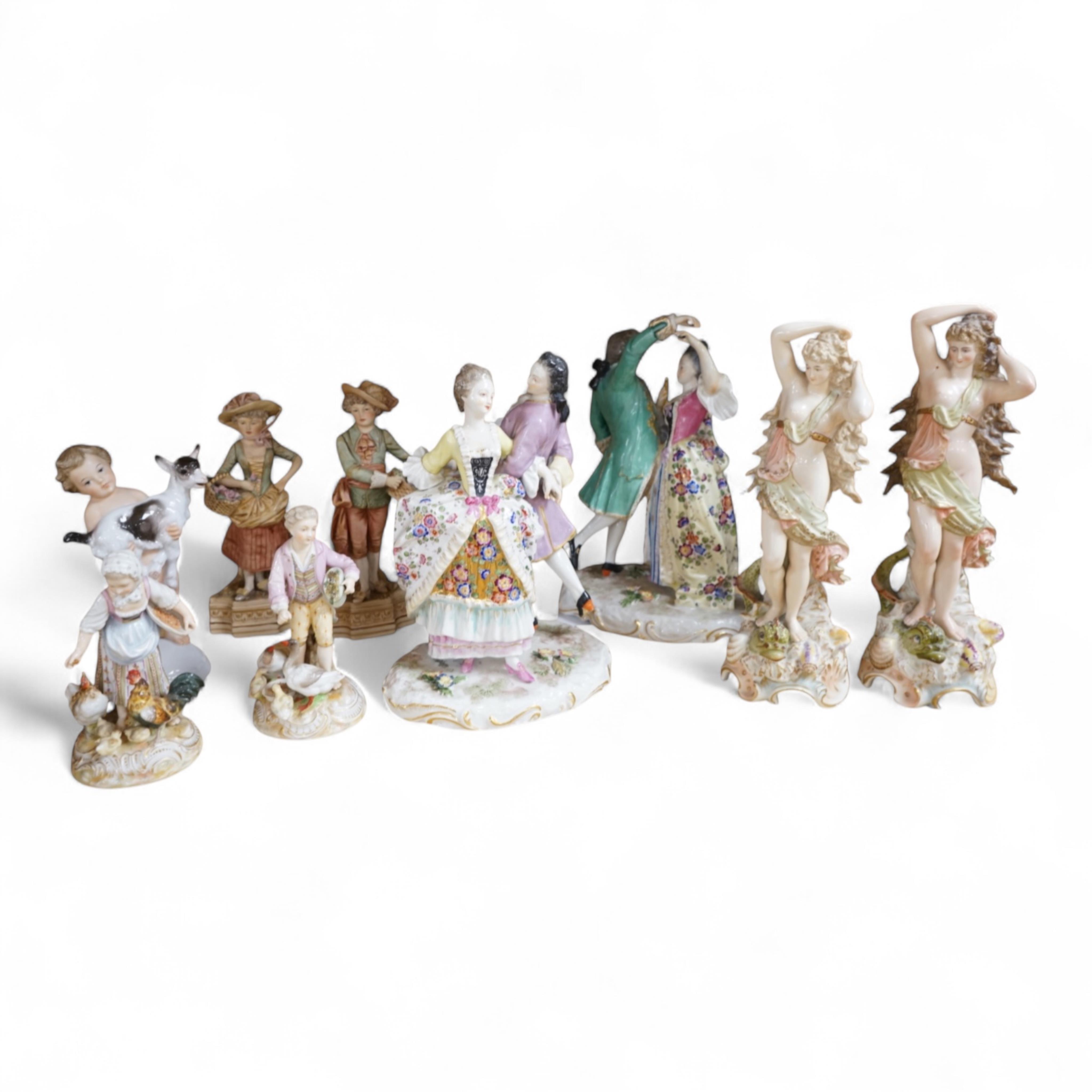 Late 19th century figure groups, including a pair of Samson dancing figures, pair of figures with chicken, pair of Royal Dux Rosenthal and another pair (9), tallest 25cm